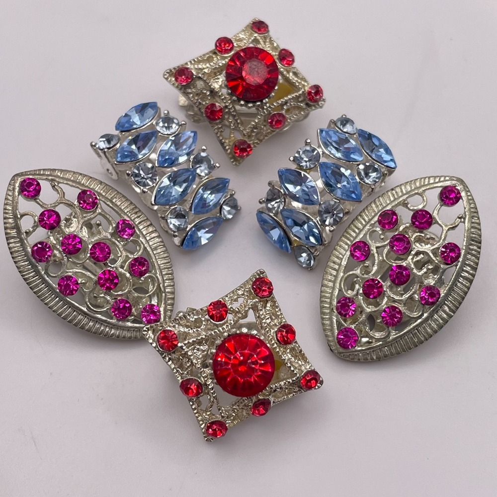 Vintage Rhinestone Clip On Earrings Lot Retro Mid Century Glam Junk Journal 3Pr